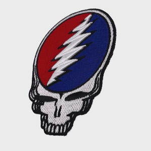 May include: Embroidered patch featuring a stylized skull with a red and blue oval background. A white lightning bolt design is centered within the oval. The skull has a black outline and is detailed with stitched features.