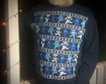 Grateful Dead Winter Dancing Bears Long Sleeve Tee Shirt, Ugly Xmas Sweater, Deadhead Hanukkah, Blue | Small, Medium, Large, XL, 2XL, 3XL