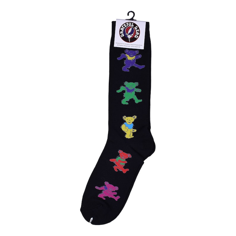 May include: Black knee-high socks with a repeating pattern of colorful dancing bears. The socks feature the Grateful Dead logo and the text "Grateful Dead".