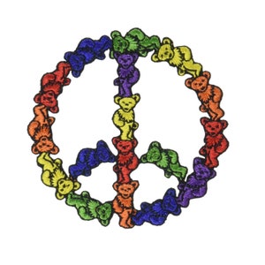 May include: A peace sign made of colorful embroidered bears. The bears are arranged in a circle around the peace sign, with each bear a different color of the rainbow.