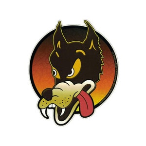 May include: A sticker featuring a cartoon wolf head with a menacing expression. The wolf has dark brown fur, yellow eyes, and a red tongue. The background is a gradient of orange and yellow. The text on the sticker reads "© 2018 Jerry Garcia Family LLC under exclusive license to IGF Rights Holding LLC."