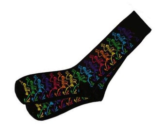 May include: Black socks with a rainbow skeleton design.