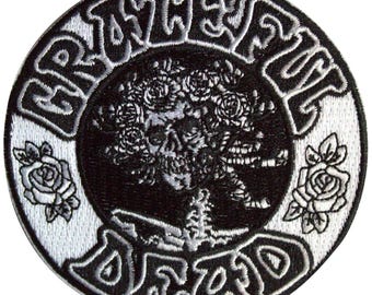 Grateful Dead Bertha Patch, Black and White Round  Skull and Roses, Embroidered, Iron On, Applique
