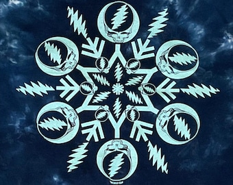 Grateful Dead Snowflake Stealie Bolt Tie Dye Shirt - Long Sleeve or Short Sleeve | Steal Your Face, Winter Mandala, Blue, S, M, L, XL, 2XL