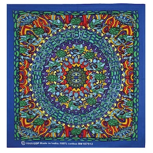 May include: Square blue bandana with a colorful, psychedelic design. The pattern features turtles, a circular design, and the text "Grateful Dead". The bandana is made of 100% cotton.