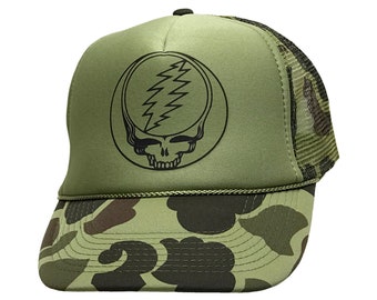 Grateful Dead Steal Your Face Trucker Cap, Grateful Dead Stealie Trucker Hat, SYF, Profile | Colors - Camouflage Green, Camouflage Brown