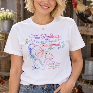 Camiseta "Cuidando con justicia a sus animales", Proverbios 12:10 Camiseta cristiana de gallinas, Camiseta de granja de la fe, Regalo para amantes de las gallinas