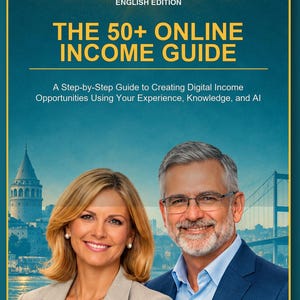 Op de afbeelding: Een boekomslag met de titel The 50+ Online Income Guide, A Step-by-Step Guide to Creating Digital Income Opportunities Using Your Experience, Knowledge, and AI. De omslag toont een foto van twee personen en de naam Ali Kemal ALP.