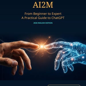 May include: A book cover titled AI FOR ME AI2M From Beginner to Expert A Practical Guide to ChatGPT 2026 ENGLISH EDITION. The graphic shows a human finger touching a digital robotic finger with a glowing light effect. Includes 111 EXTRA PROMPTS.