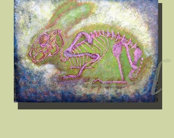 May include: A painting of a rabbit skeleton in pink and green on a textured blue and green background.