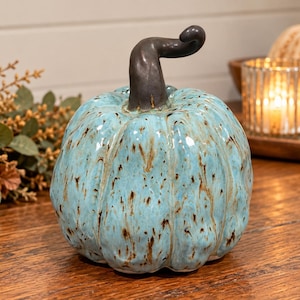 May include: A ceramic pumpkin ornament featuring a glossy light blue glaze with brown speckled accents and a dark, curved, sculptural stem. The pumpkin has a rounded, ribbed body with a smooth, reflective surface finish throughout the piece.
