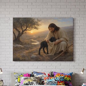Jesus Christ Good Shepherd Holding Black Lamb at Sunset Wall Art Print, Warm Golden Palette, Classical Religious Painting