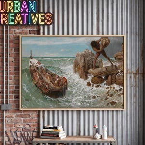 May include: A framed landscape painting depicting a wooden rowboat with multiple figures navigating choppy sea waves near a rocky shore where a person stands on a boulder holding a large stone. The text URBAN CREATIVES appears in neon.