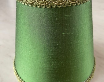Green dupioni silk chandelier Lampshade with co-ordinating green french gimp scroll trim.