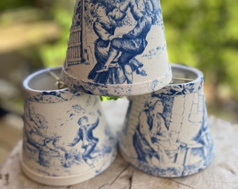 Blue toile chandelier lampshade Stof France Festin Bleu cotton duck wall sconce lampshade