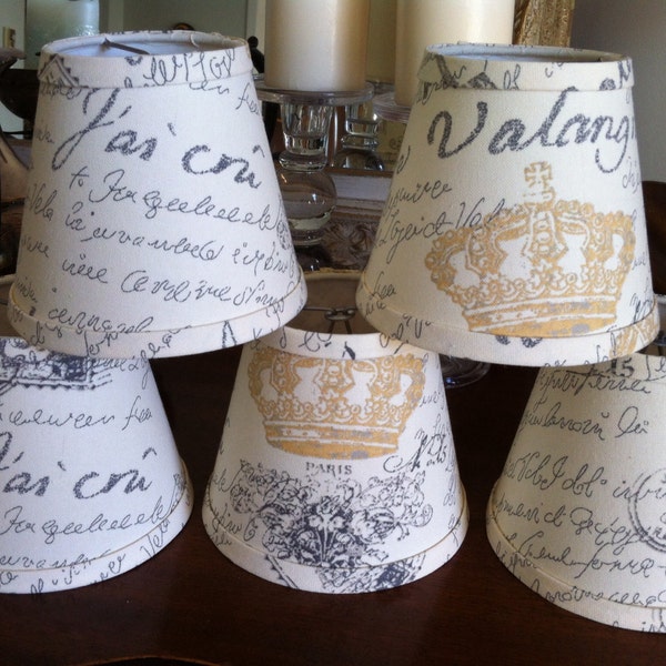 Chandelier lampshades rustic french script in a natural cotton black and  gold script shades