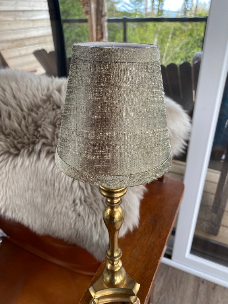 Taupe dupioni silk chandelier Lampshade trimmed with the same silk. image 2