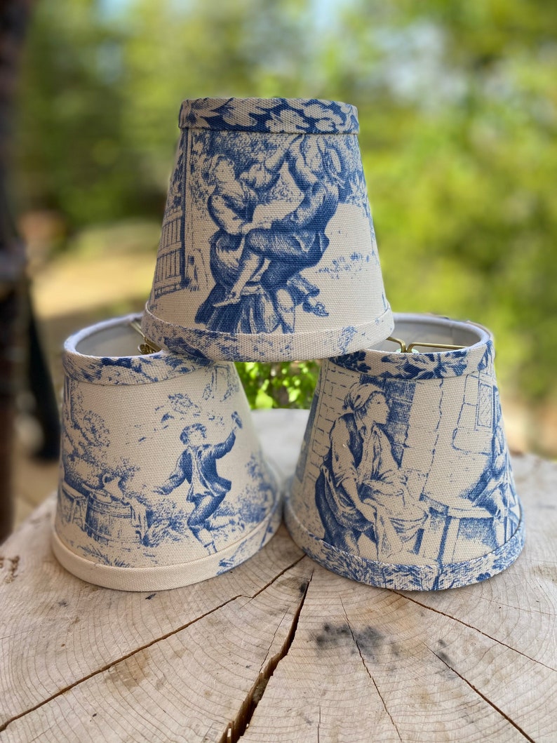Blue toile chandelier lampshade Stof France Festin Bleu cotton duck wall sconce lampshade image 4
