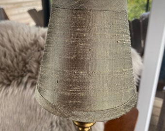 Taupe dupioni silk chandelier Lampshade trimmed with the same silk.