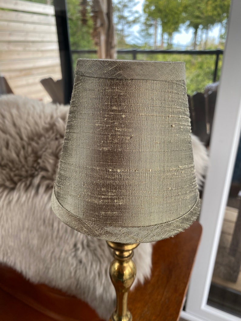 Taupe dupioni silk chandelier Lampshade trimmed with the same silk. image 1