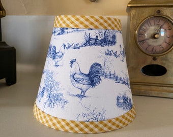 Chandelier lampshade “Home to Roost” blue and white rooster fabric wall scone shade