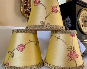 Embroidered Dupioni Silk Chandelier Lampshade, Floral Gold Trim