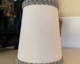 Linen cream chandelier lampshade tall finished with a french blue with a hint of antique gold gimp trim.