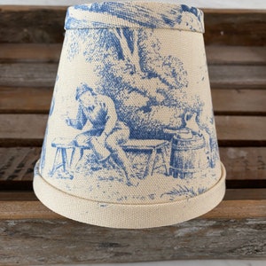 May include: A cream-colored lampshade with a blue toile pattern featuring a person sitting on a bench. The pattern includes trees and a small building.