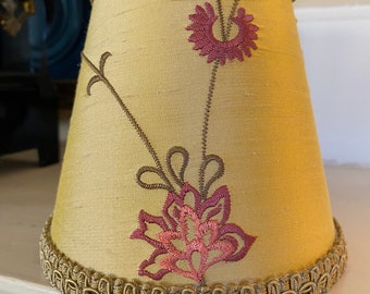 Beautiful embroidered chandelier Lampshade dupioni silk with co-ordinating gold french gimp scroll trim.