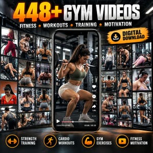 Könnte beinhalten: Ein digitaler Download mit über 448 Fitnessvideos für Training und Motivation. Der zentrale Smartphone-Bildschirm zeigt eine Person bei einer Kniebeuge mit Langhantel, umgeben von einem Raster mit verschiedenen Trainingsclips.