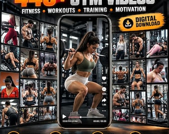 Peut inclure: Un produit en téléchargement numérique présentant plus de 448 vidéos de gym pour le fitness, l'entraînement et la motivation. L'écran central du smartphone montre une personne effectuant un squat, entouré d'une grille de clips d'exercices.