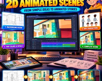 Curso de animación 2D para principiantes: aprende animación de dibujos animados, diseño de personajes y tutoriales en vídeo de animación digital. Descarga digital.