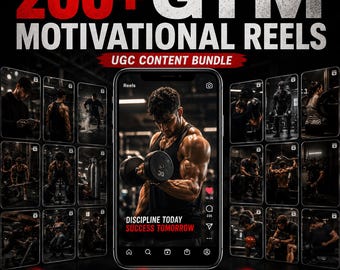 Peut inclure: Un ensemble de produits numériques comprenant plus de 200 vidéos de motivation pour la salle de sport. L'écran affiche un smartphone avec une personne soulevant un haltère de 30 kg, avec le texte DISCIPLINE TODAY SUCCESS TOMORROW et des vignettes.
