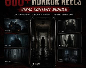 Puede incluir: Un paquete de contenido digital titulado 600+ HORROR REELS VIRAL CONTENT BUNDLE. La imagen muestra un teléfono inteligente con una escena de pasillo oscuro, rodeado de seis vistas previas de video rectangulares con imágenes de terror.