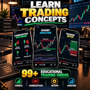 May include: Three smartphones displaying financial trading educational videos with text overlays reading Learn Trading Concepts, Candlestick Patterns, Chart Analysis, Trading Setup, and 99+ Educational Trading Videos, alongside icons for charts, candlesticks, setups, and analysis.