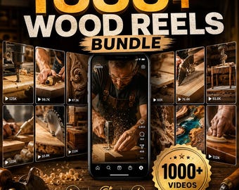 Op de afbeelding: Een digitaal pakket van 1000+ hout-reels met een smartphone die een houtbewerkingsvideo toont. De afbeelding bevat de tekst 1000+ WOOD REELS BUNDLE, 1000+ VIDEOS, VIRAL, SATISFYING en READY TO POST, naast diverse miniaturen van houtbewerking.