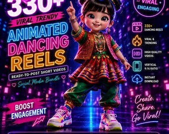 Peut inclure: Un graphique numérique montrant un personnage de dessin animé dans une tenue à motifs verts et rouges avec des baskets. Le texte inclut 330+ VIRAL TRENDY ANIMATED DANCING REELS, READY-TO-POST SHORT VIDEOS, SOCIAL MEDIA BUNDLE, BOOST ENGAGEMENT et des icônes.