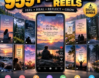 Op de afbeelding: Een digitaal pakket van 959+ emotionele reels met motiverende citaten en natuurachtergronden. Het centrale smartphonescherm toont een zonsondergang met de tekst It's Okay to Not Be Okay, omringd door diverse thumbnails van sociale media video's.