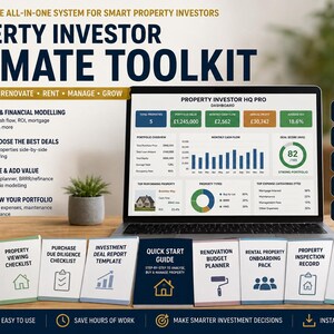 May include: A Property Investor Ultimate Toolkit digital product display featuring a laptop screen showing financial dashboards, surrounded by printed checklists and templates including a Quick Start Guide, Excel system icon, and a small house model.