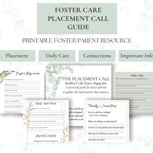 Può includere: Una guida stampabile per genitori affidatari composta da più pagine con sezioni intitolate Before They Arrive, The Placement Call, The Case, Safety and Support Needs e Family and Connections, decorata con illustrazioni di foglie verdi.