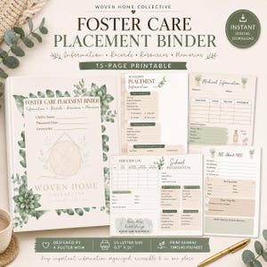 Puede incluir: Un conjunto de 15 páginas imprimibles para una carpeta de acogimiento familiar, que incluye una portada y varios formularios de organización, información médica, registros de visitas y detalles escolares con acentos botánicos verdes.
