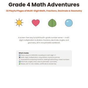 Op de afbeelding: Een printbaar wiskundewerkboek getiteld Grade 4 Math Adventures, met 32 pagina's over meercijferige wiskunde, breuken, decimalen en meetkunde. De omslag toont een zon-, hart-, blad- en cirkelpictogram, met een lijst van de inhoud.