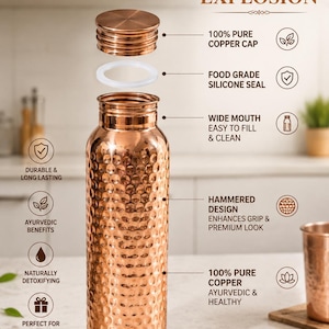 May include: A copper water bottle with a hammered texture, featuring a wide mouth, a removable copper cap, and a white silicone seal. The image includes text labels detailing the product components, such as 100% pure copper cap and food grade silicone seal.