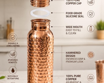 Ayurveda 100% Pure Hammered Copper Bottle 1 ltr Copper Bottle With Handmade Texture- Copper Water Bottle Hammered - Reusable, Detox - Gift