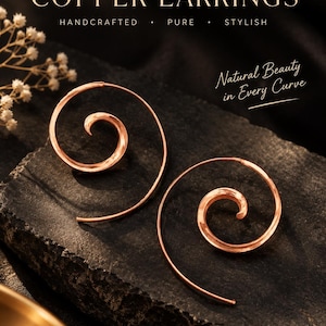 May include: A pair of copper earrings featuring a spiral design. The text on the image reads: TIMELESS ELEGANCE, COPPER EARRINGS, HANDCRAFTED, PURE, STYLISH, and Natural Beauty in Every Curve. The earrings have a metallic finish and a curved shape.