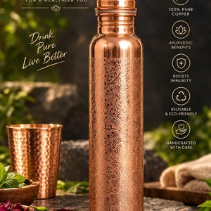 Ayurvedisk 100 % ren hamrad kopparflaska 1 liter kopparflaska med handgjord textur - Hamrad kopparvattenflaska - Återanvändbar, Detox - Gåva