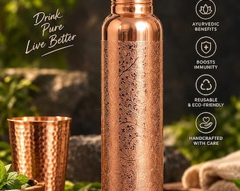 May include: A cylindrical copper water bottle with a polished neck and a detailed floral etched pattern on the body. The bottle features text including Pure Copper Water Bottle, Drink Pure Live Better, and icons for benefits.