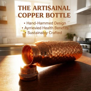 Puede incluir: Una botella cilíndrica de cobre con textura martillada a mano y tapa de rosca. El texto en la imagen dice: THE ARTISANAL COPPER BOTTLE, Hand-Hammed Design, Ayrrievied Health Benefits y Sustainably Crafted.