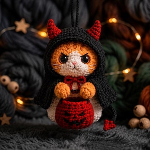 Halloween katt Amigurumi virkmönster PDF, djävulsdräkt kattunge ornament, enkel digital nedladdning