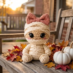 May include: A crocheted mummy doll with a cream-colored yarn body wrapped in bandages, featuring large black safety eyes, pink cheeks, and a dusty rose-colored bow on its head, sitting among scattered autumn leaves and two small white pumpkins.